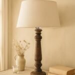 DSTORE Wooden Table Lamp with Fabric Shade – Vintage Style Bedside & Living Room Warm Light Decor